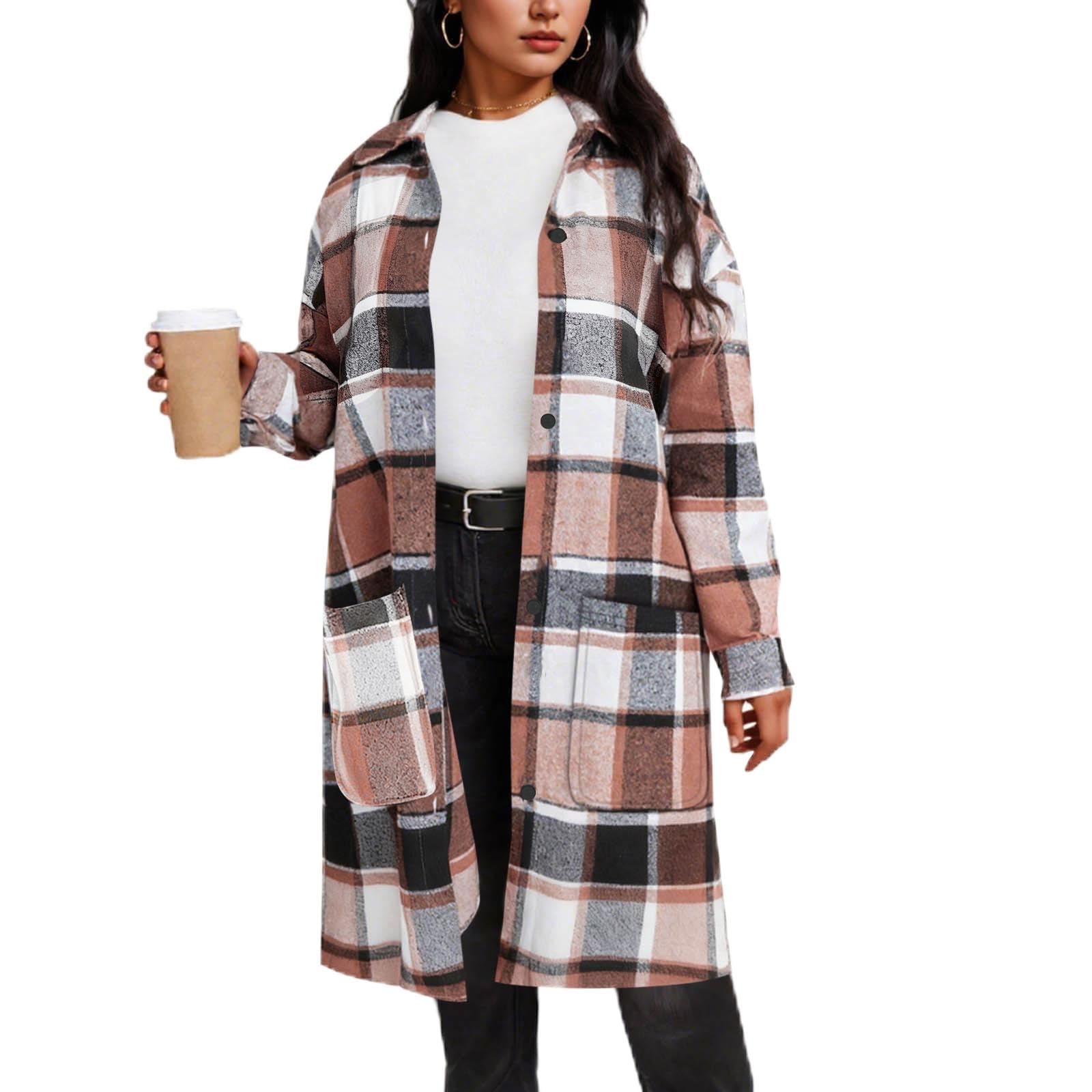 Women's Plaid Wool Coat Long Winter Lapel Peacoat Button Up Warm Overcoats Trendy Comfy Outerwear Casual Jackets